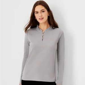 Ann Taylor Long Sleeve Ruffle Neck Top in Gray
